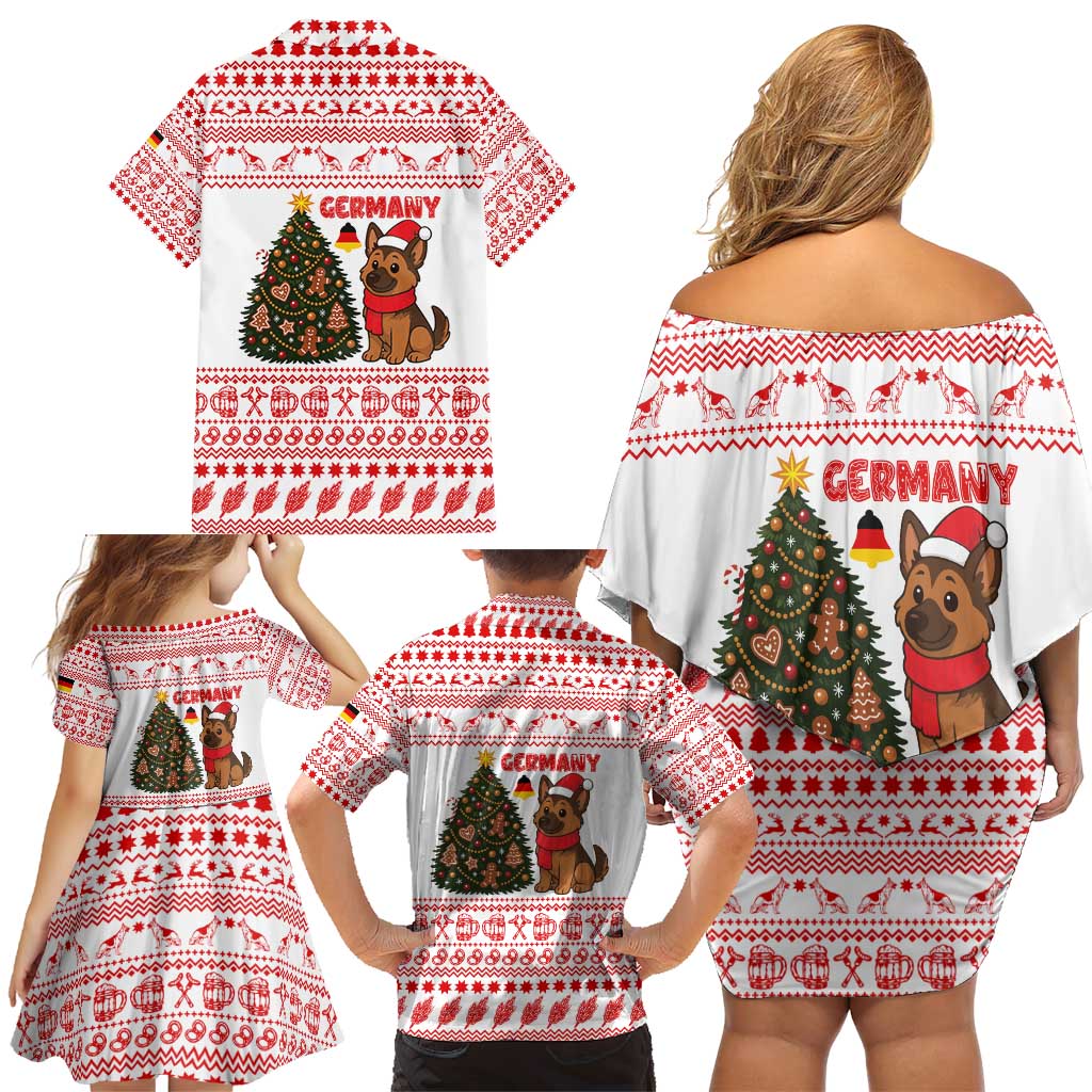 Germany Christmas Family Matching Off Shoulder Short Dress and Hawaiian Shirt with German Shepherd Dog Gingerbread Tree and Red Holiday Pattern - Wonder Print Shop