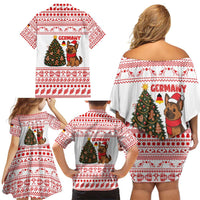 Germany Christmas Family Matching Off Shoulder Short Dress and Hawaiian Shirt with German Shepherd Dog Gingerbread Tree and Red Holiday Pattern - Wonder Print Shop