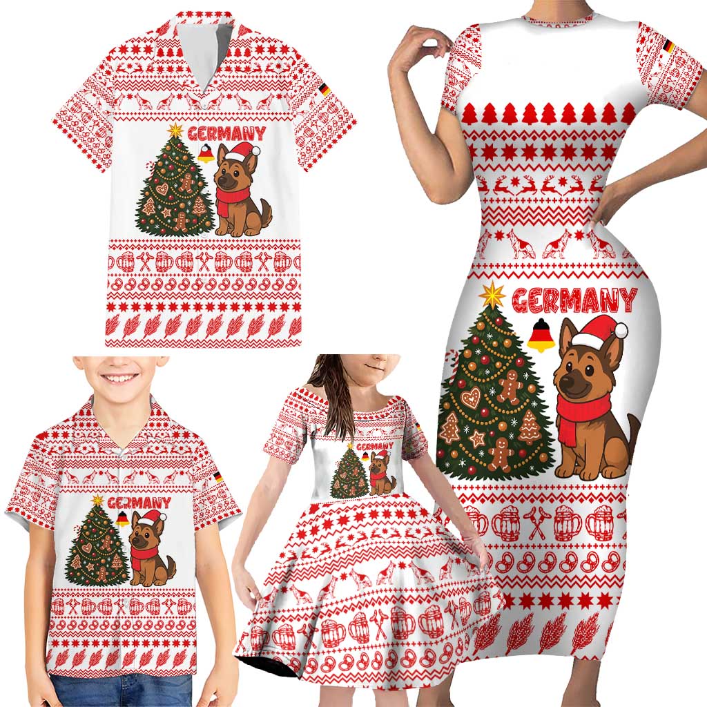 Germany Christmas Family Matching Short Sleeve Bodycon Dress and Hawaiian Shirt with German Shepherd Dog Gingerbread Tree and Red Holiday Pattern - Wonder Print Shop