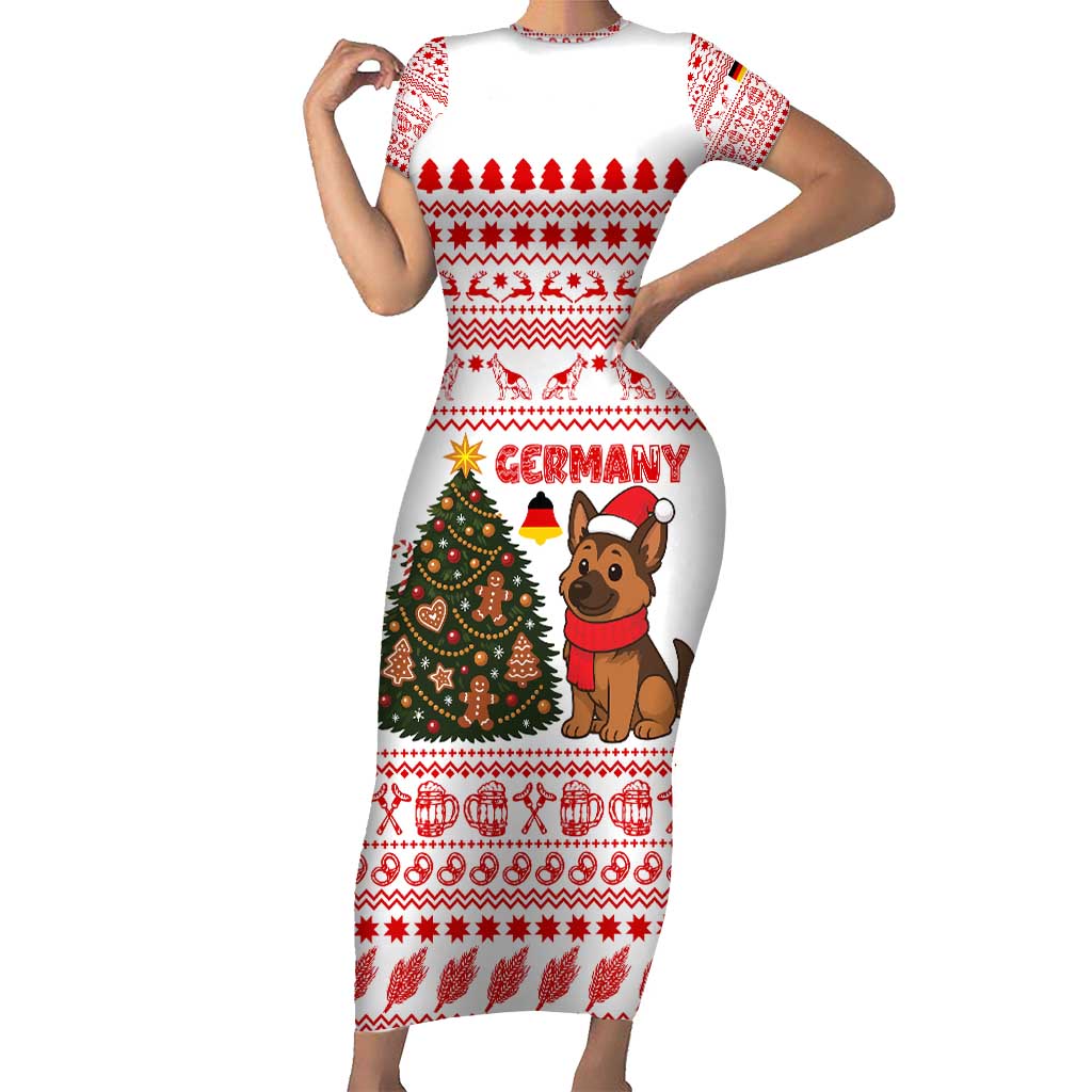 Germany Christmas Family Matching Short Sleeve Bodycon Dress and Hawaiian Shirt with German Shepherd Dog Gingerbread Tree and Red Holiday Pattern - Wonder Print Shop