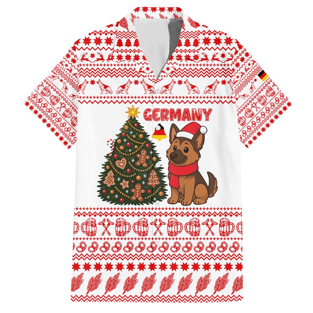 Germany Christmas Hawaiian Shirt with German Shepherd Dog Gingerbread Tree and Red Holiday Pattern - Wonder Print Shop