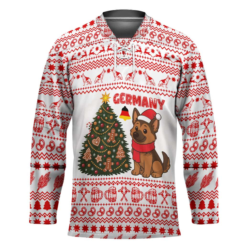 Germany Christmas Hockey Jersey with German Shepherd Dog Gingerbread Tree and Red Holiday Pattern - Wonder Print Shop
