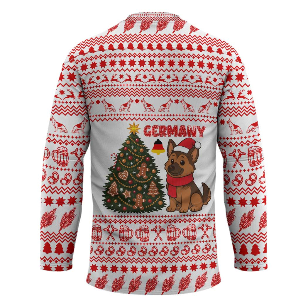 Germany Christmas Hockey Jersey with German Shepherd Dog Gingerbread Tree and Red Holiday Pattern - Wonder Print Shop