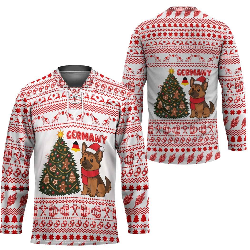 Germany Christmas Hockey Jersey with German Shepherd Dog Gingerbread Tree and Red Holiday Pattern - Wonder Print Shop