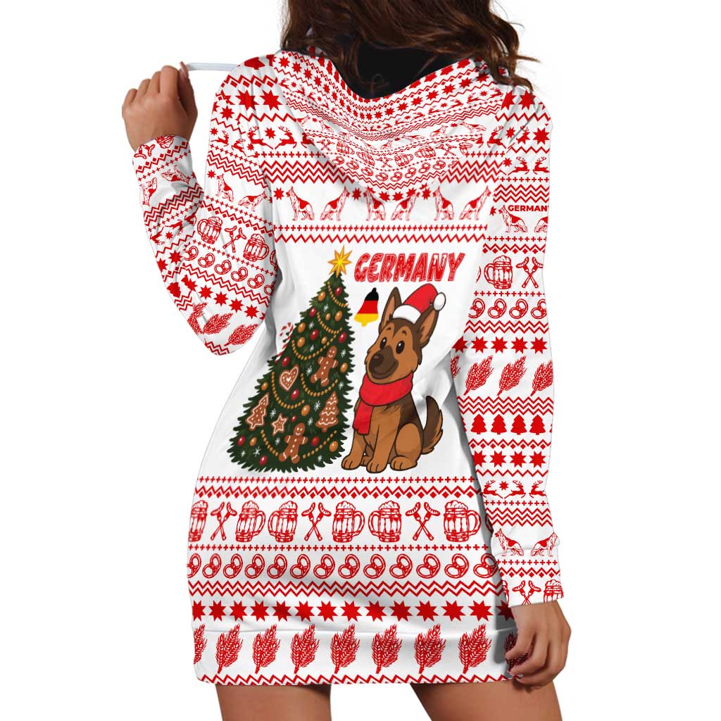 Germany Christmas Hoodie Dress with German Shepherd Dog Gingerbread Tree and Red Holiday Pattern - Wonder Print Shop