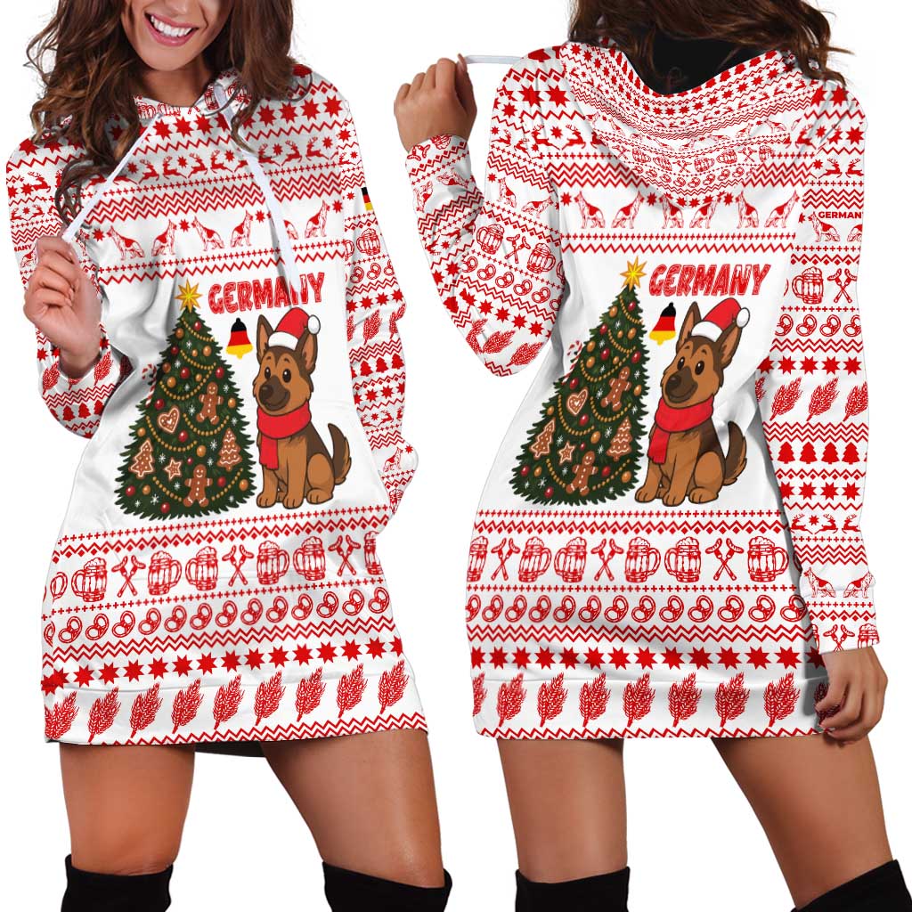 Germany Christmas Hoodie Dress with German Shepherd Dog Gingerbread Tree and Red Holiday Pattern - Wonder Print Shop