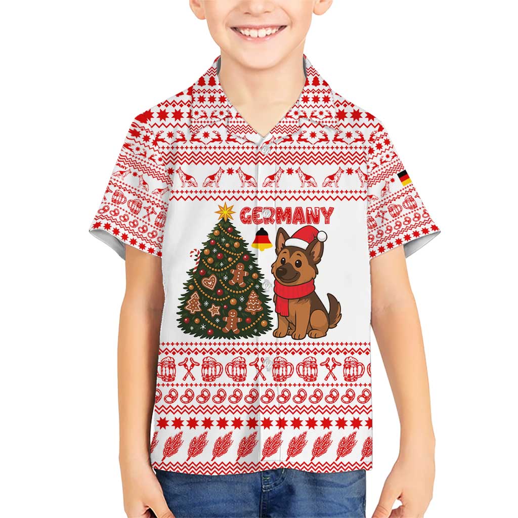 Germany Christmas Kid Hawaiian Shirt with German Shepherd Dog Gingerbread Tree and Red Holiday Pattern - Wonder Print Shop