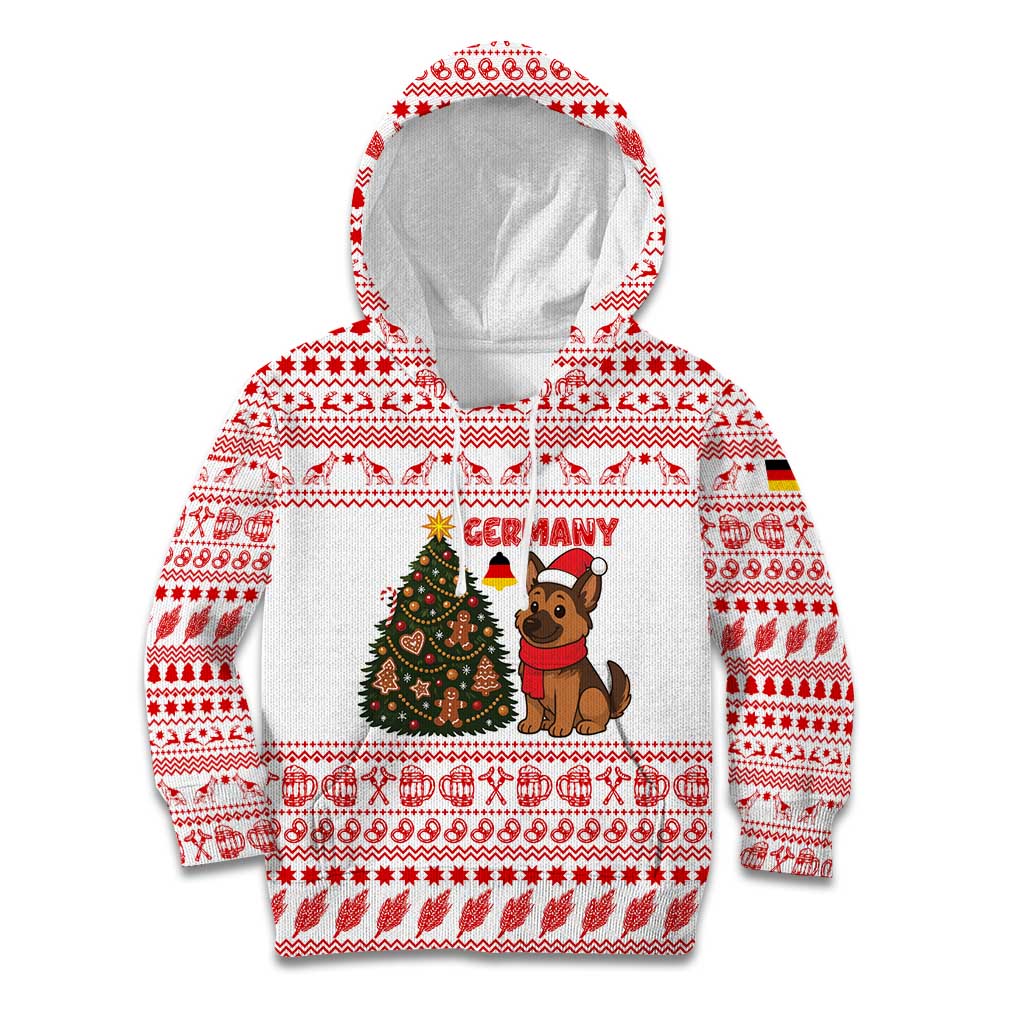 Germany Christmas Kid Hoodie with German Shepherd Dog Gingerbread Tree and Red Holiday Pattern - Wonder Print Shop