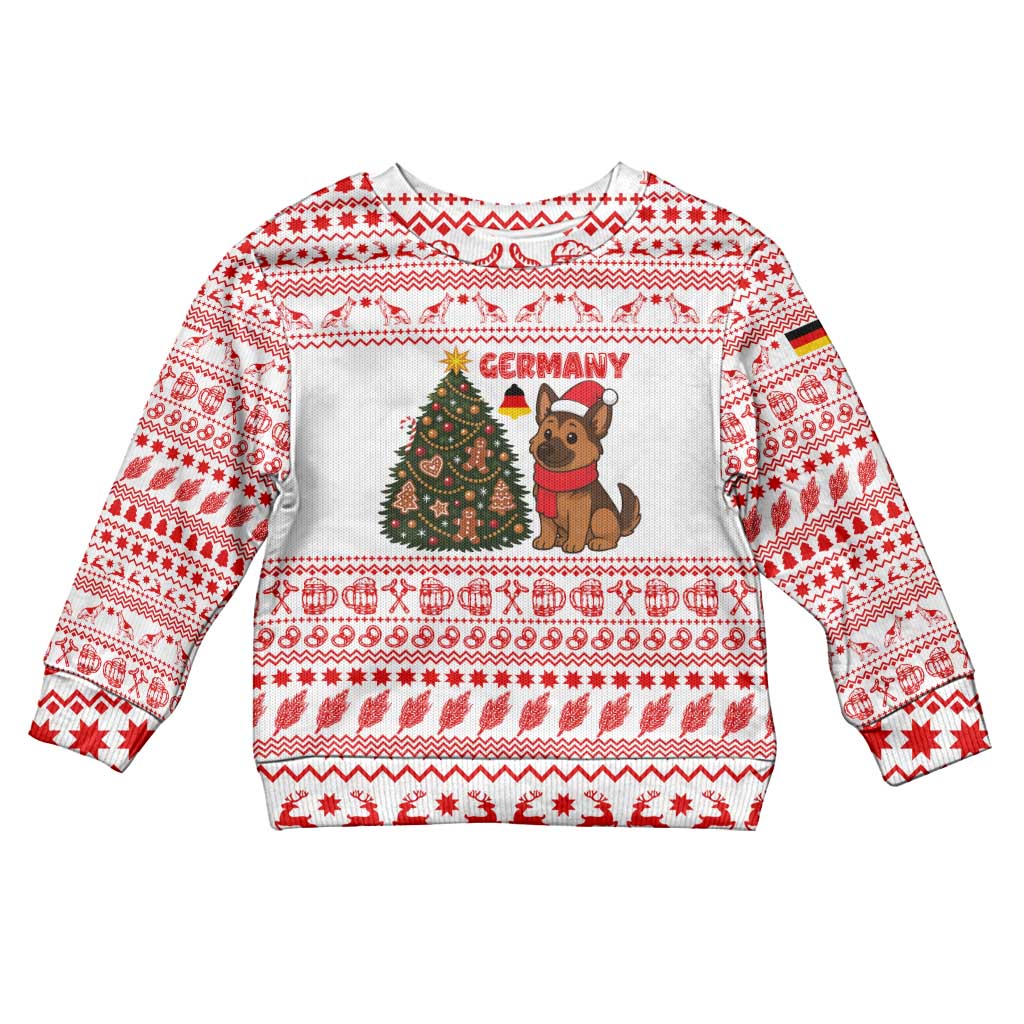 Germany Christmas Kid Ugly Christmas Sweater with German Shepherd Dog Gingerbread Tree and Red Holiday Pattern - Wonder Print Shop