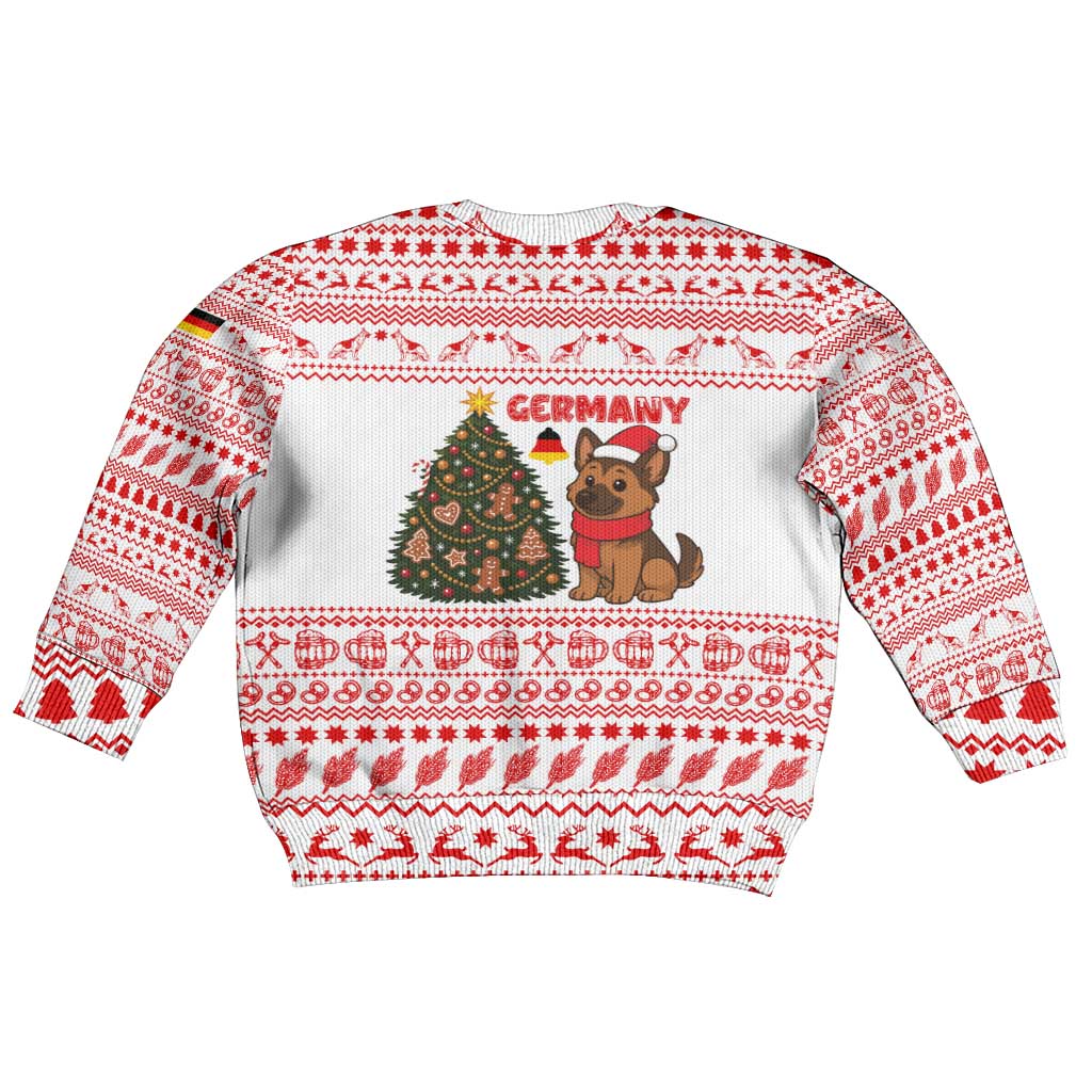 Germany Christmas Kid Ugly Christmas Sweater with German Shepherd Dog Gingerbread Tree and Red Holiday Pattern - Wonder Print Shop