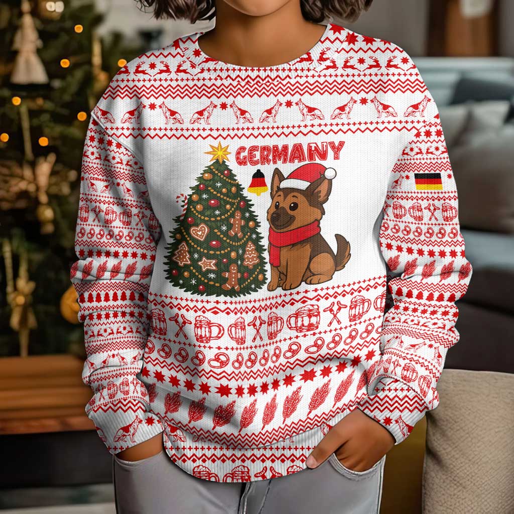 Germany Christmas Kid Ugly Christmas Sweater with German Shepherd Dog Gingerbread Tree and Red Holiday Pattern - Wonder Print Shop