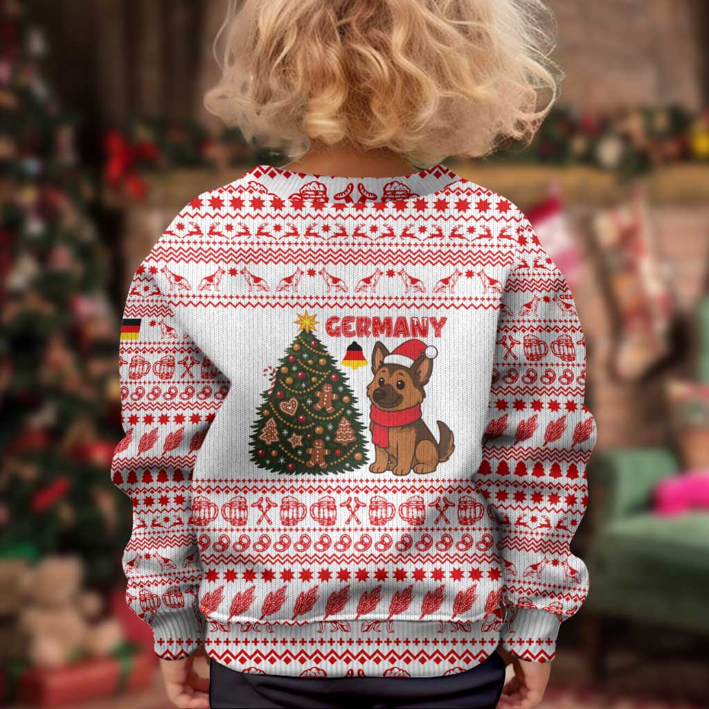 Germany Christmas Kid Ugly Christmas Sweater with German Shepherd Dog Gingerbread Tree and Red Holiday Pattern - Wonder Print Shop