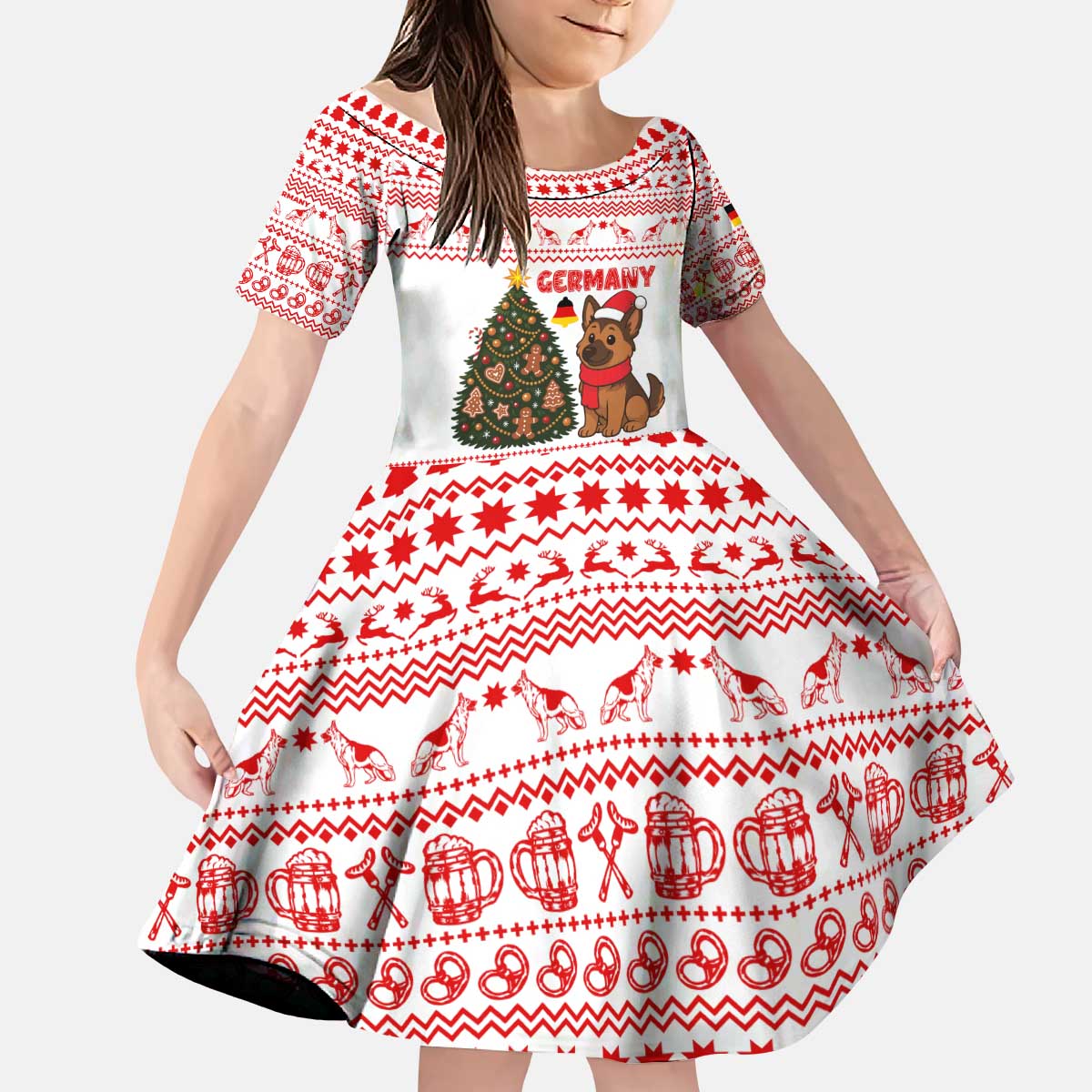 Germany Christmas Kid Short Sleeve Dress with German Shepherd Dog Gingerbread Tree and Red Holiday Pattern - Wonder Print Shop