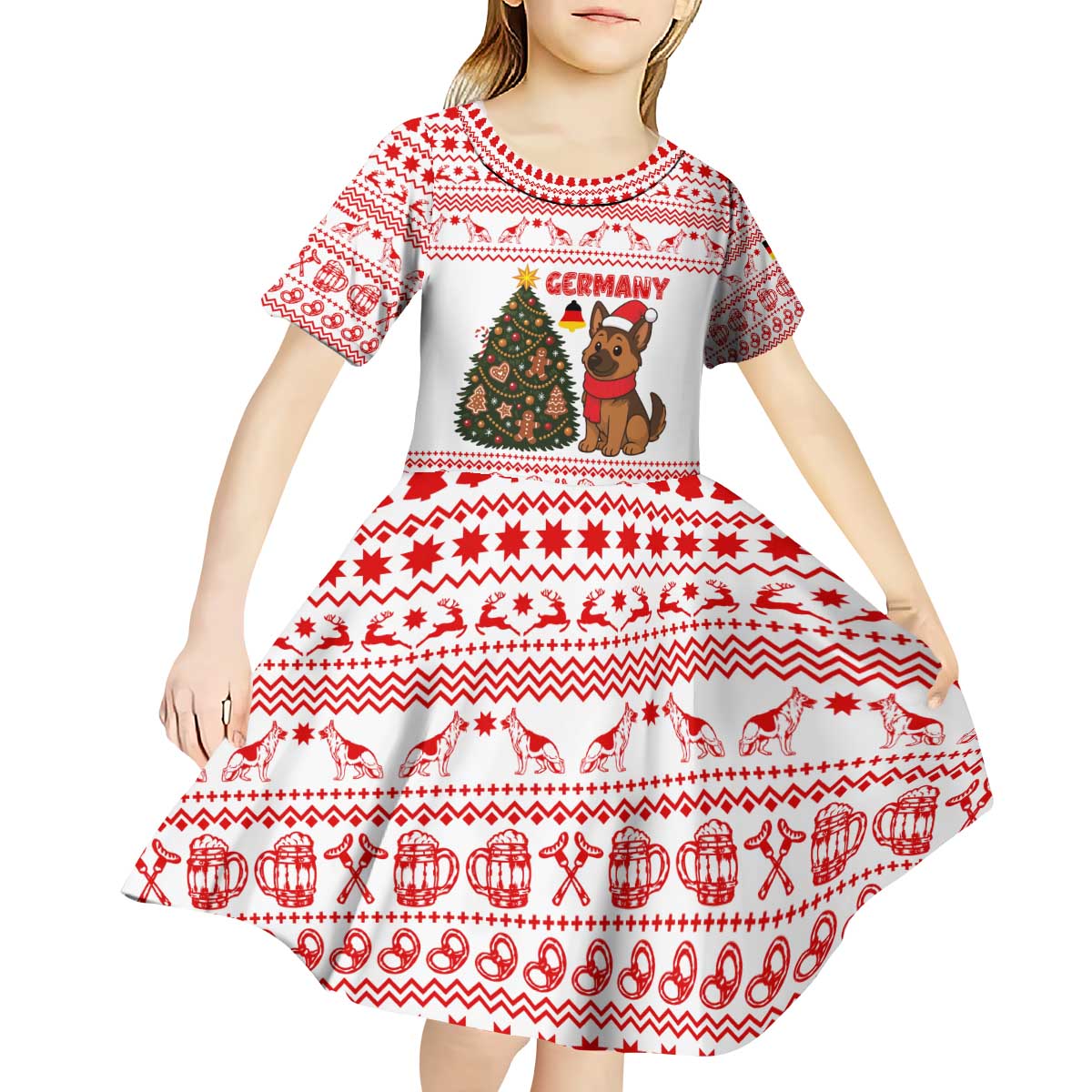 Germany Christmas Kid Short Sleeve Dress with German Shepherd Dog Gingerbread Tree and Red Holiday Pattern - Wonder Print Shop