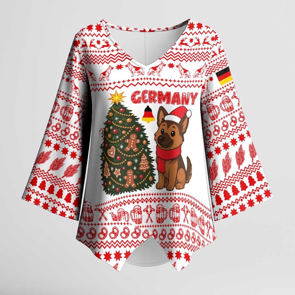 Germany Christmas Kimono Sleeve Blouse with German Shepherd Dog Gingerbread Tree and Red Holiday Pattern - Wonder Print Shop