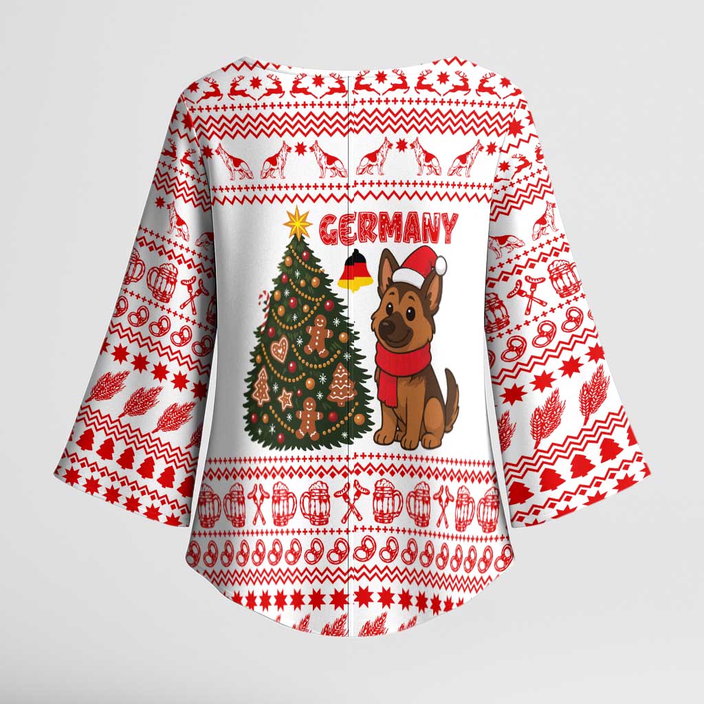 Germany Christmas Kimono Sleeve Blouse with German Shepherd Dog Gingerbread Tree and Red Holiday Pattern - Wonder Print Shop