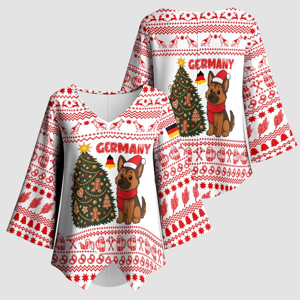 Germany Christmas Kimono Sleeve Blouse with German Shepherd Dog Gingerbread Tree and Red Holiday Pattern - Wonder Print Shop