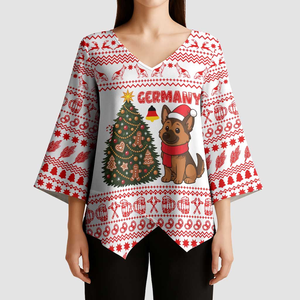Germany Christmas Kimono Sleeve Blouse with German Shepherd Dog Gingerbread Tree and Red Holiday Pattern - Wonder Print Shop