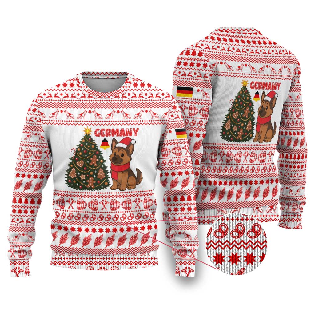 Germany Christmas Ugly Christmas Sweater with German Shepherd Dog Gingerbread Tree and Red Holiday Pattern - Wonder Print Shop