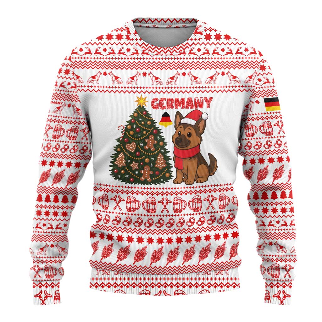 Germany Christmas Ugly Christmas Sweater with German Shepherd Dog Gingerbread Tree and Red Holiday Pattern - Wonder Print Shop