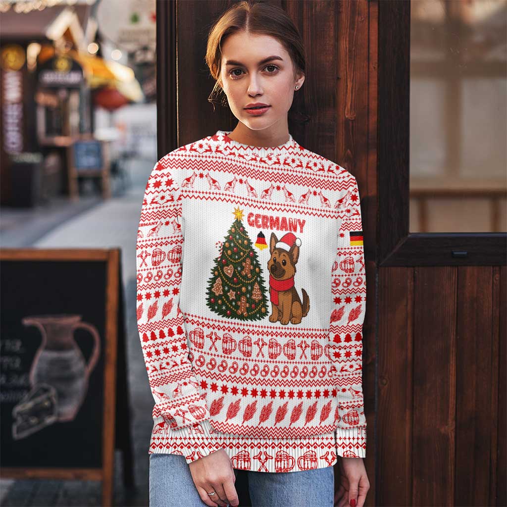 Germany Christmas Ugly Christmas Sweater with German Shepherd Dog Gingerbread Tree and Red Holiday Pattern - Wonder Print Shop