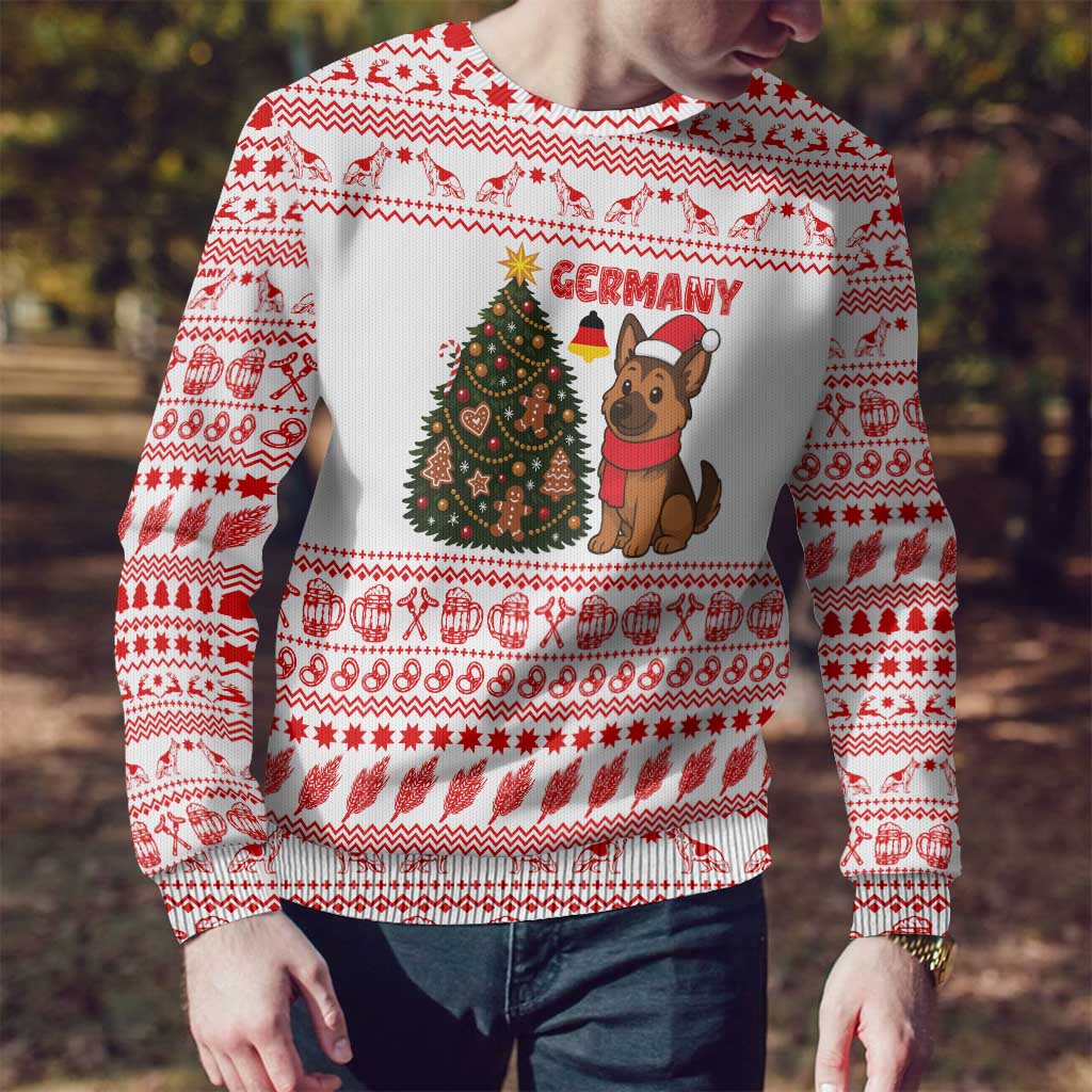Germany Christmas Ugly Christmas Sweater with German Shepherd Dog Gingerbread Tree and Red Holiday Pattern - Wonder Print Shop