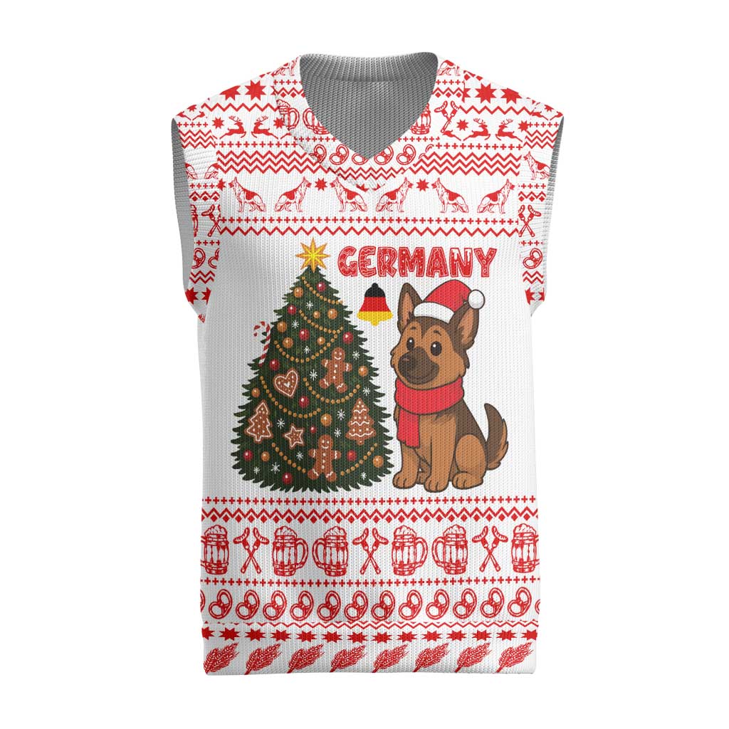 Germany Christmas Knitted V-Neck Vest with German Shepherd Dog Gingerbread Tree and Red Holiday Pattern - Wonder Print Shop