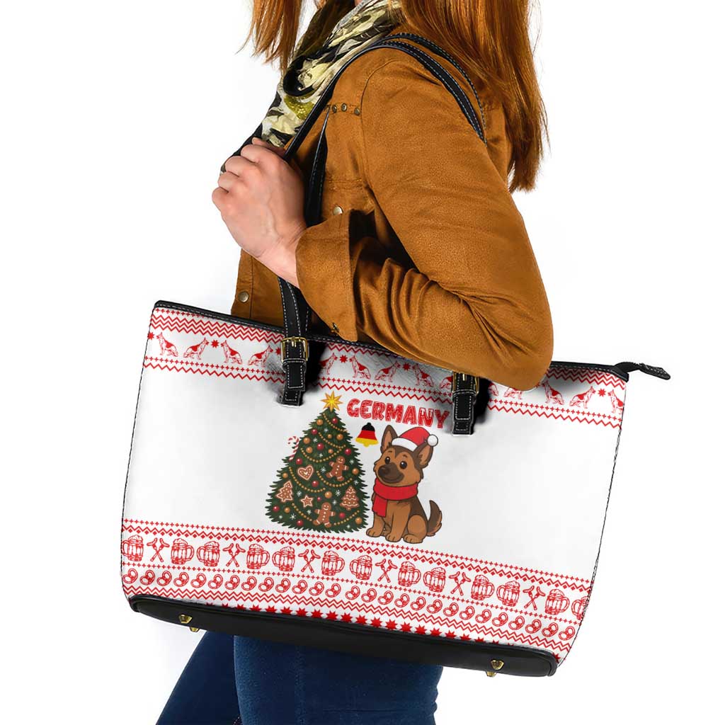 Germany Christmas Leather Tote Bag with German Shepherd Dog Gingerbread Tree and Red Holiday Pattern - Wonder Print Shop