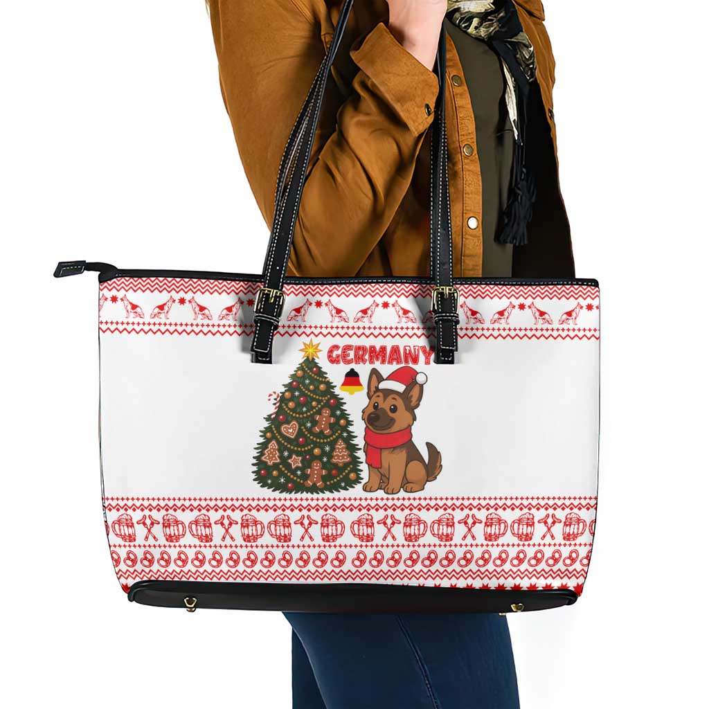 Germany Christmas Leather Tote Bag with German Shepherd Dog Gingerbread Tree and Red Holiday Pattern - Wonder Print Shop