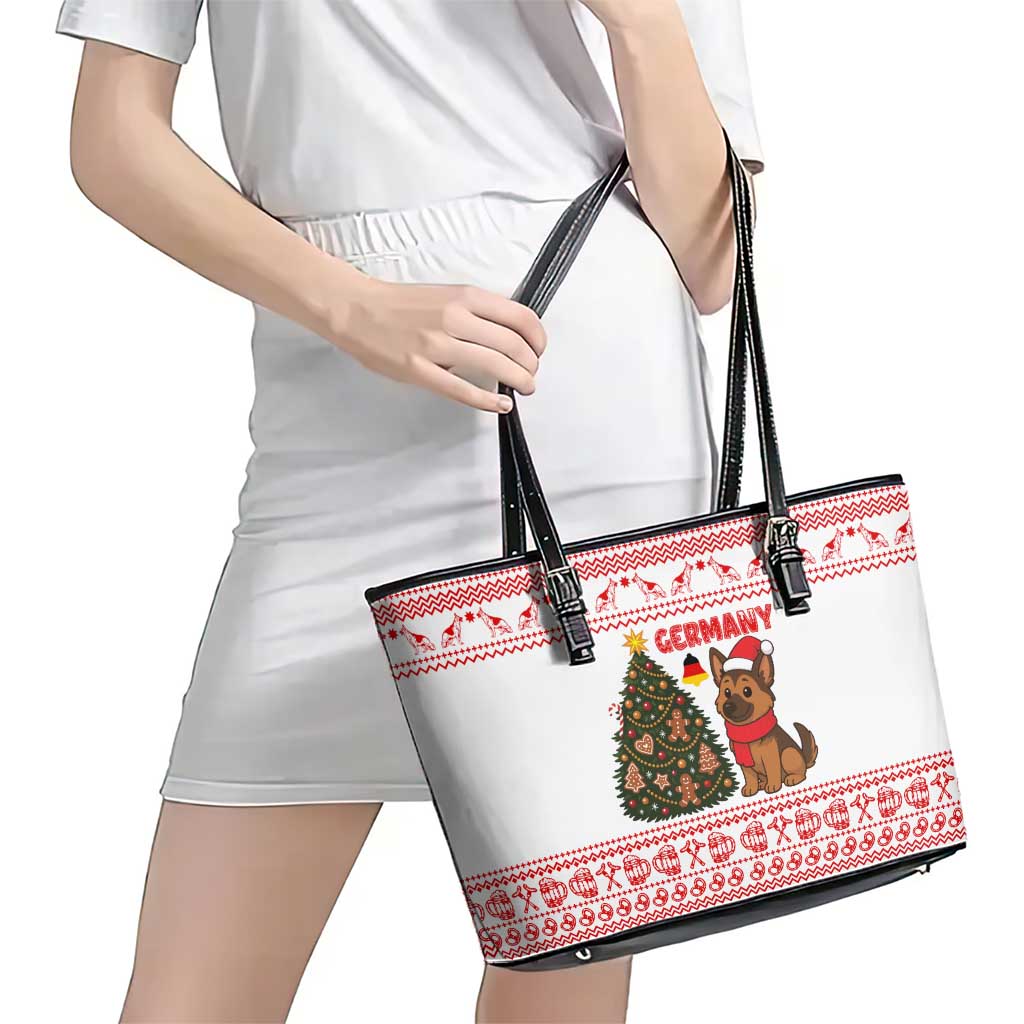 Germany Christmas Leather Tote Bag with German Shepherd Dog Gingerbread Tree and Red Holiday Pattern - Wonder Print Shop