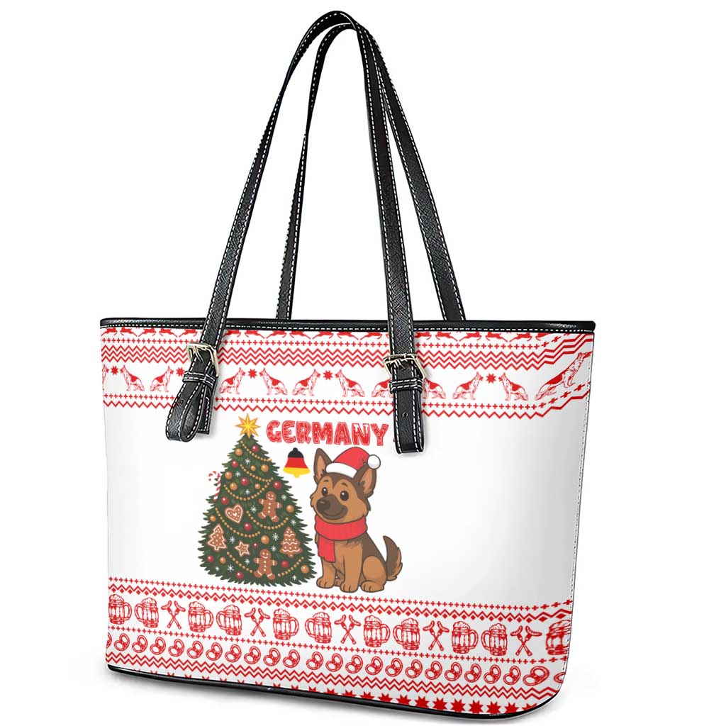 Germany Christmas Leather Tote Bag with German Shepherd Dog Gingerbread Tree and Red Holiday Pattern - Wonder Print Shop