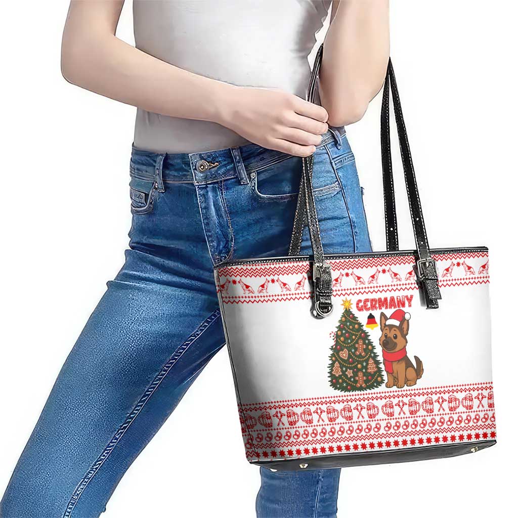 Germany Christmas Leather Tote Bag with German Shepherd Dog Gingerbread Tree and Red Holiday Pattern - Wonder Print Shop