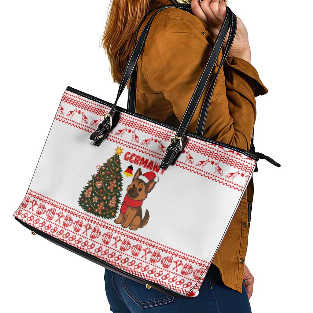 Germany Christmas Leather Tote Bag with German Shepherd Dog Gingerbread Tree and Red Holiday Pattern - Wonder Print Shop