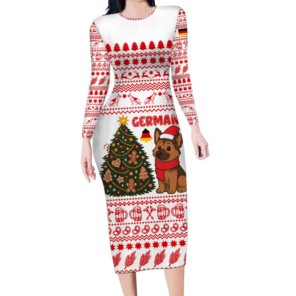 Germany Christmas Long Sleeve Bodycon Dress with German Shepherd Dog Gingerbread Tree and Red Holiday Pattern - Wonder Print Shop