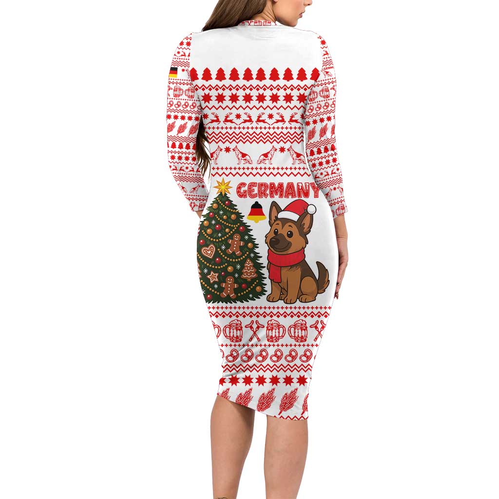 Germany Christmas Long Sleeve Bodycon Dress with German Shepherd Dog Gingerbread Tree and Red Holiday Pattern - Wonder Print Shop