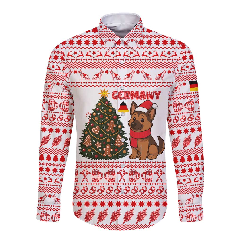 Germany Christmas Long Sleeve Button Shirt with German Shepherd Dog Gingerbread Tree and Red Holiday Pattern - Wonder Print Shop