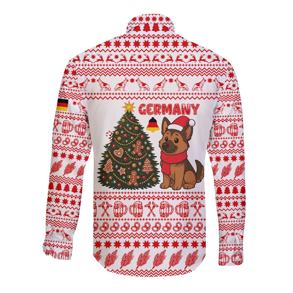 Germany Christmas Long Sleeve Button Shirt with German Shepherd Dog Gingerbread Tree and Red Holiday Pattern - Wonder Print Shop