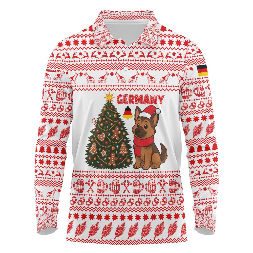 Germany Christmas Long Sleeve Polo Shirt with German Shepherd Dog Gingerbread Tree and Red Holiday Pattern - Wonder Print Shop