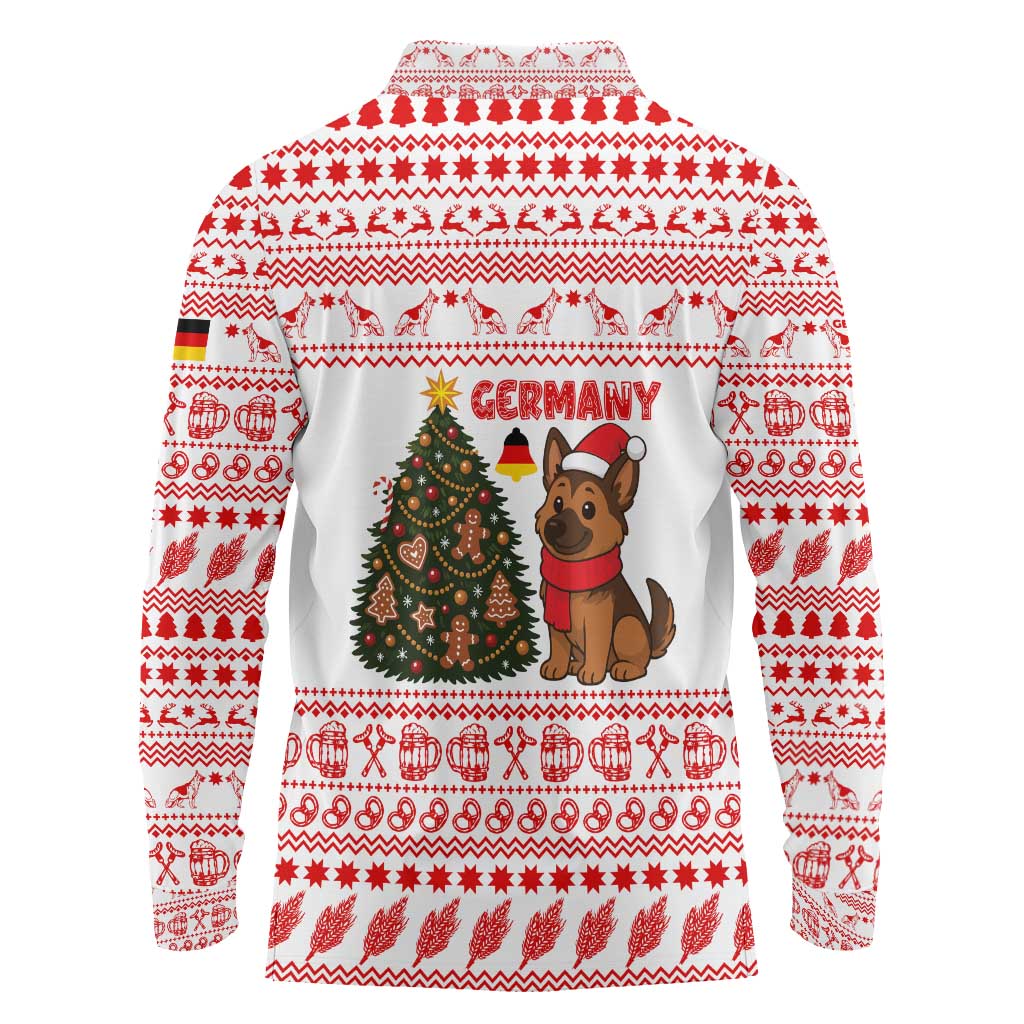 Germany Christmas Long Sleeve Polo Shirt with German Shepherd Dog Gingerbread Tree and Red Holiday Pattern - Wonder Print Shop