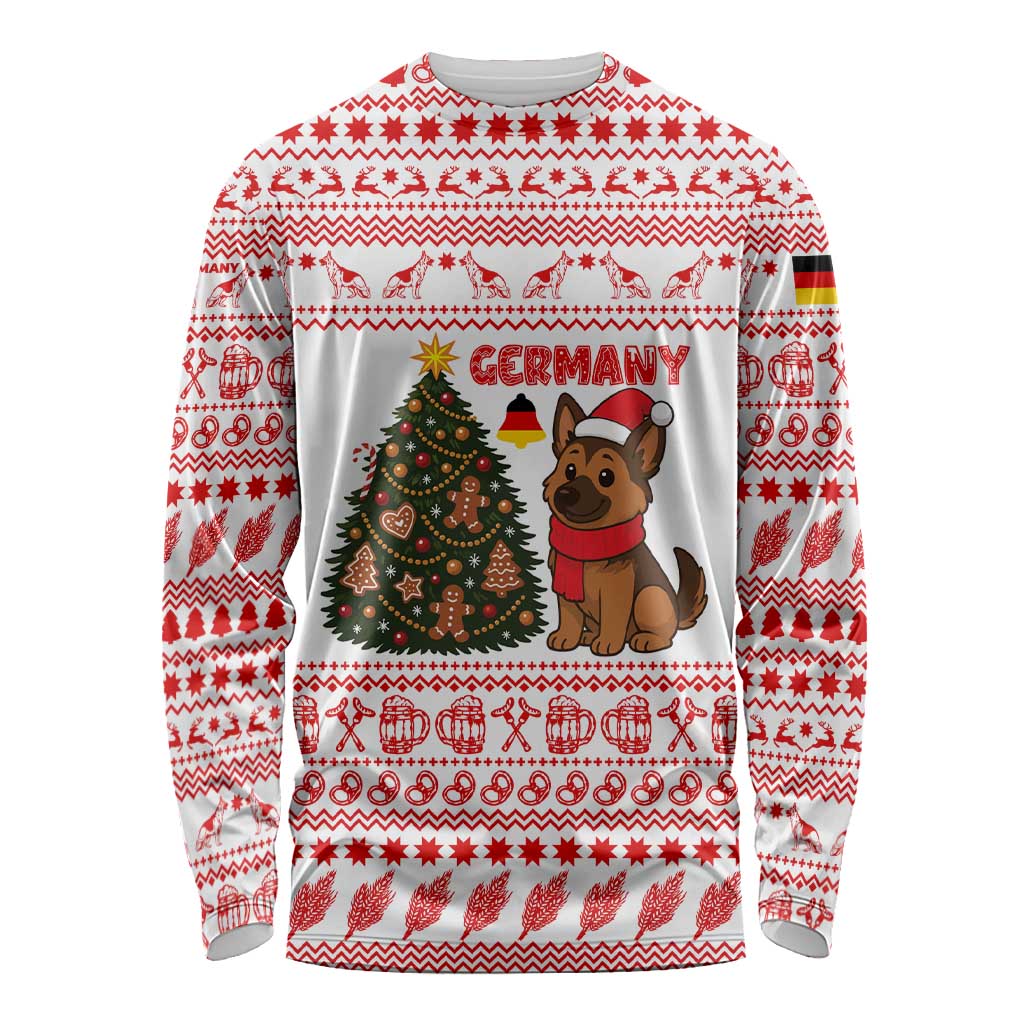Germany Christmas Long Sleeve Shirt with German Shepherd Dog Gingerbread Tree and Red Holiday Pattern - Wonder Print Shop