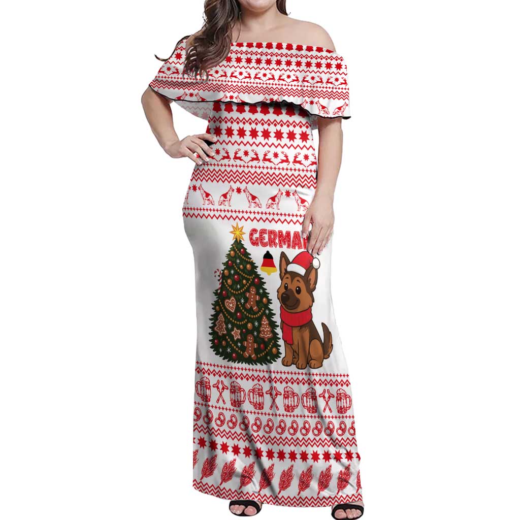 Germany Christmas Off Shoulder Maxi Dress with German Shepherd Dog Gingerbread Tree and Red Holiday Pattern - Wonder Print Shop