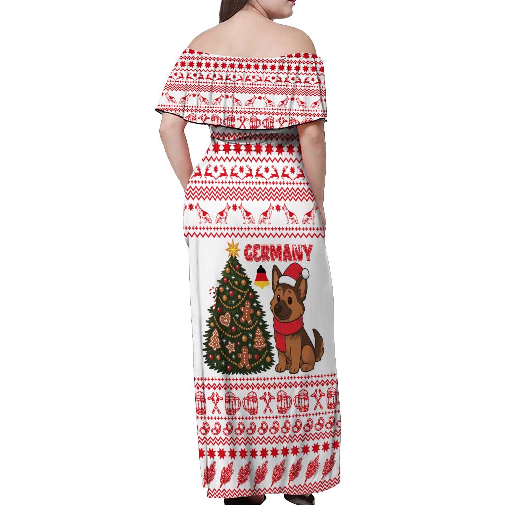 Germany Christmas Off Shoulder Maxi Dress with German Shepherd Dog Gingerbread Tree and Red Holiday Pattern - Wonder Print Shop