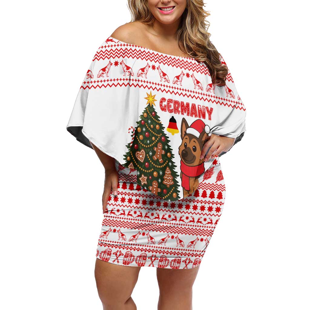 Germany Christmas Off Shoulder Short Dress with German Shepherd Dog Gingerbread Tree and Red Holiday Pattern - Wonder Print Shop