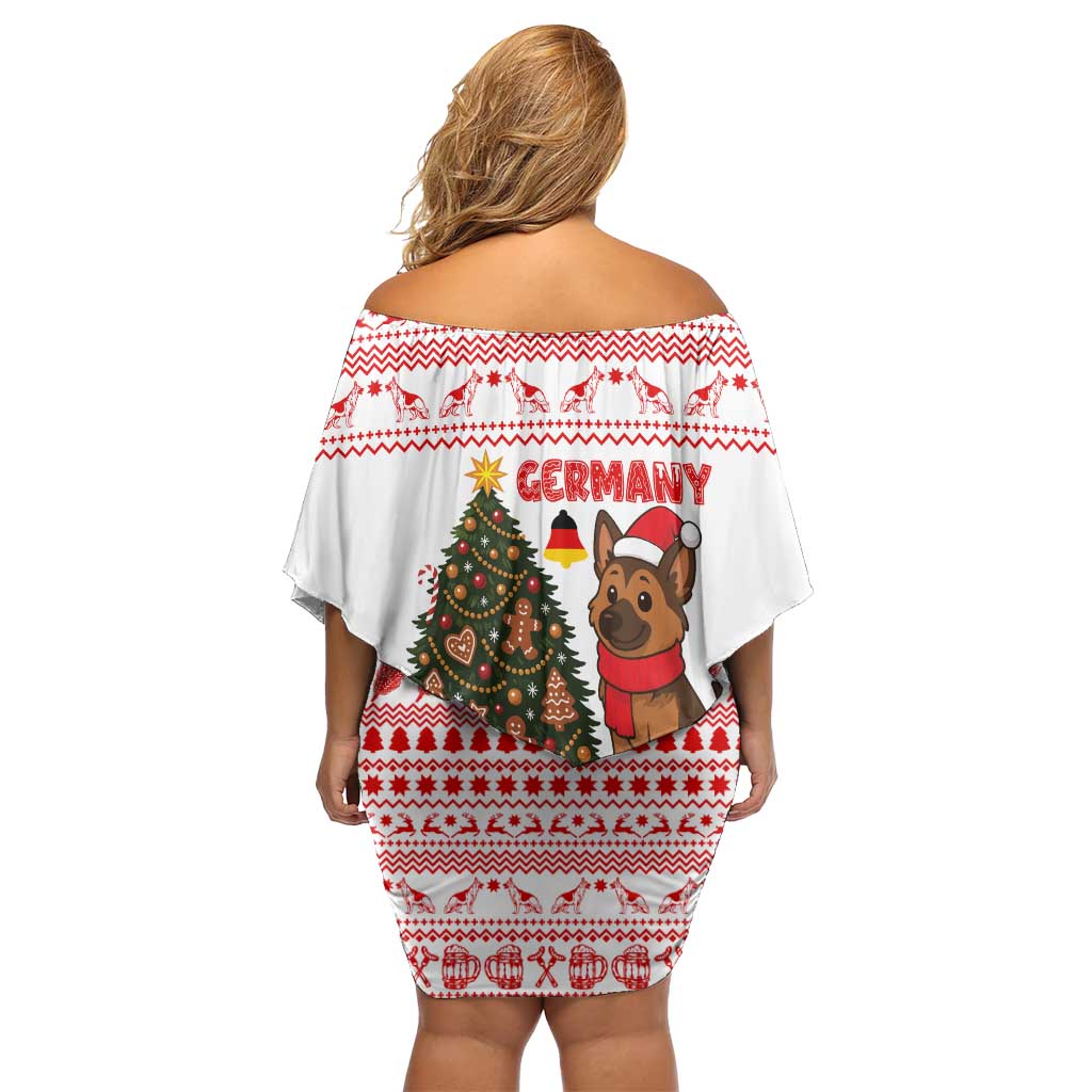 Germany Christmas Off Shoulder Short Dress with German Shepherd Dog Gingerbread Tree and Red Holiday Pattern - Wonder Print Shop