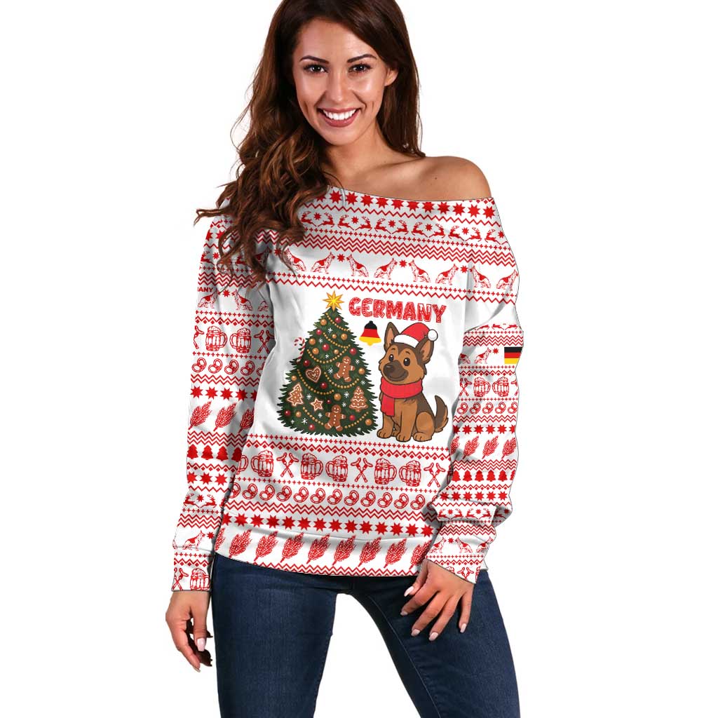 Germany Christmas Off Shoulder Sweater with German Shepherd Dog Gingerbread Tree and Red Holiday Pattern - Wonder Print Shop