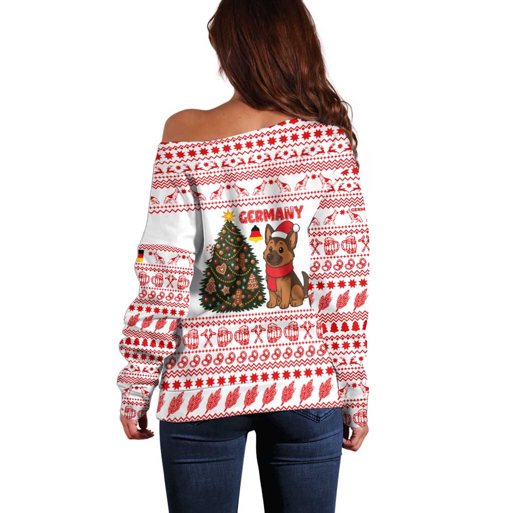 Germany Christmas Off Shoulder Sweater with German Shepherd Dog Gingerbread Tree and Red Holiday Pattern - Wonder Print Shop