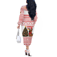 Germany Christmas Off The Shoulder Long Sleeve Dress with German Shepherd Dog Gingerbread Tree and Red Holiday Pattern - Wonder Print Shop