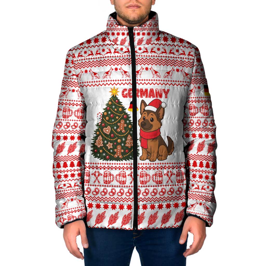 Germany Christmas Padded Jacket with German Shepherd Dog Gingerbread Tree and Red Holiday Pattern - Wonder Print Shop