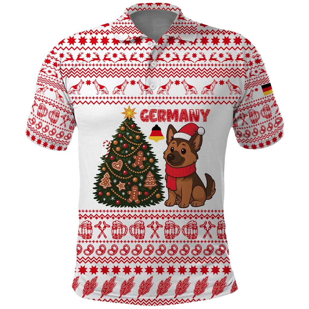 Germany Christmas Polo Shirt with German Shepherd Dog Gingerbread Tree and Red Holiday Pattern - Wonder Print Shop