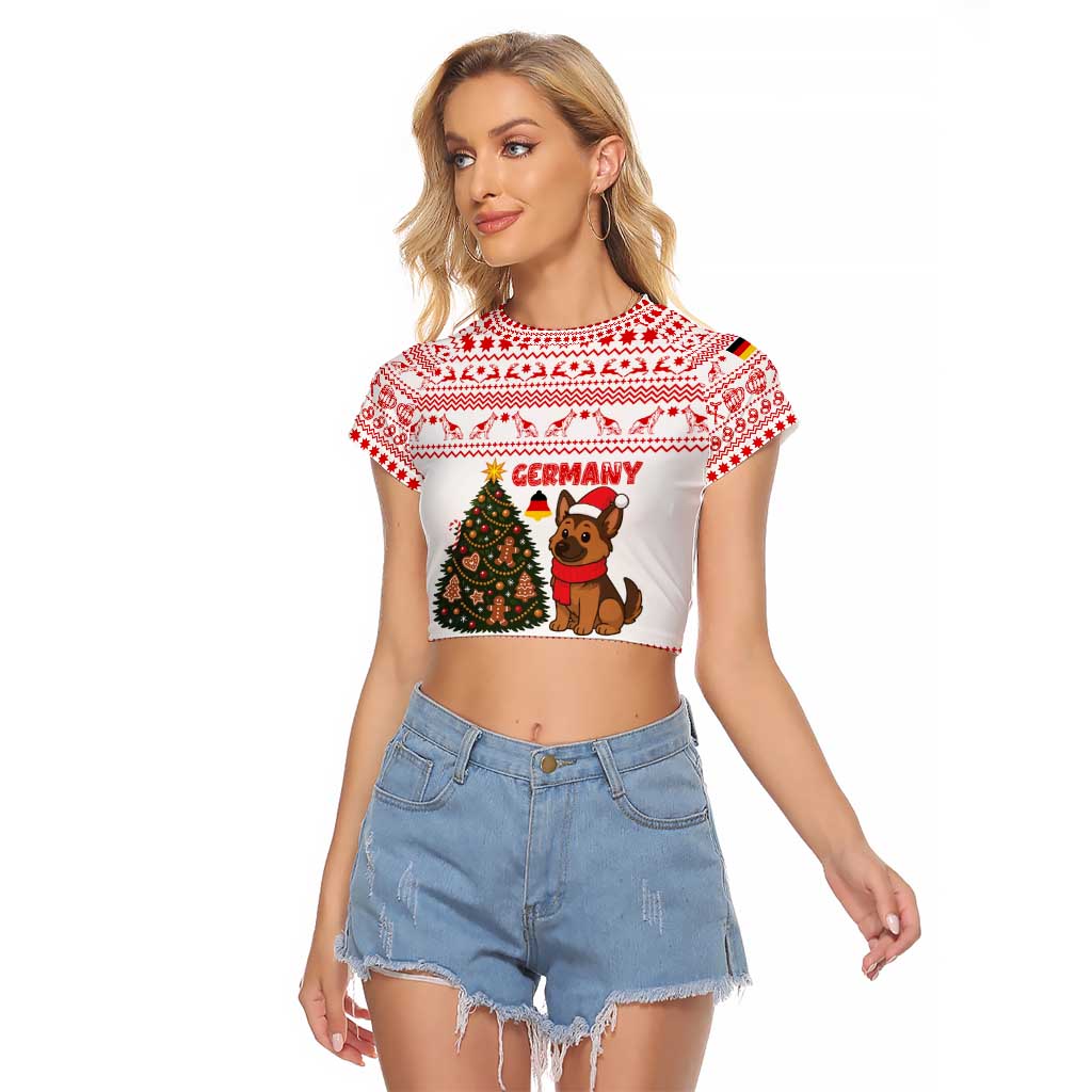 Germany Christmas Raglan Cropped T Shirt with German Shepherd Dog Gingerbread Tree and Red Holiday Pattern - Wonder Print Shop